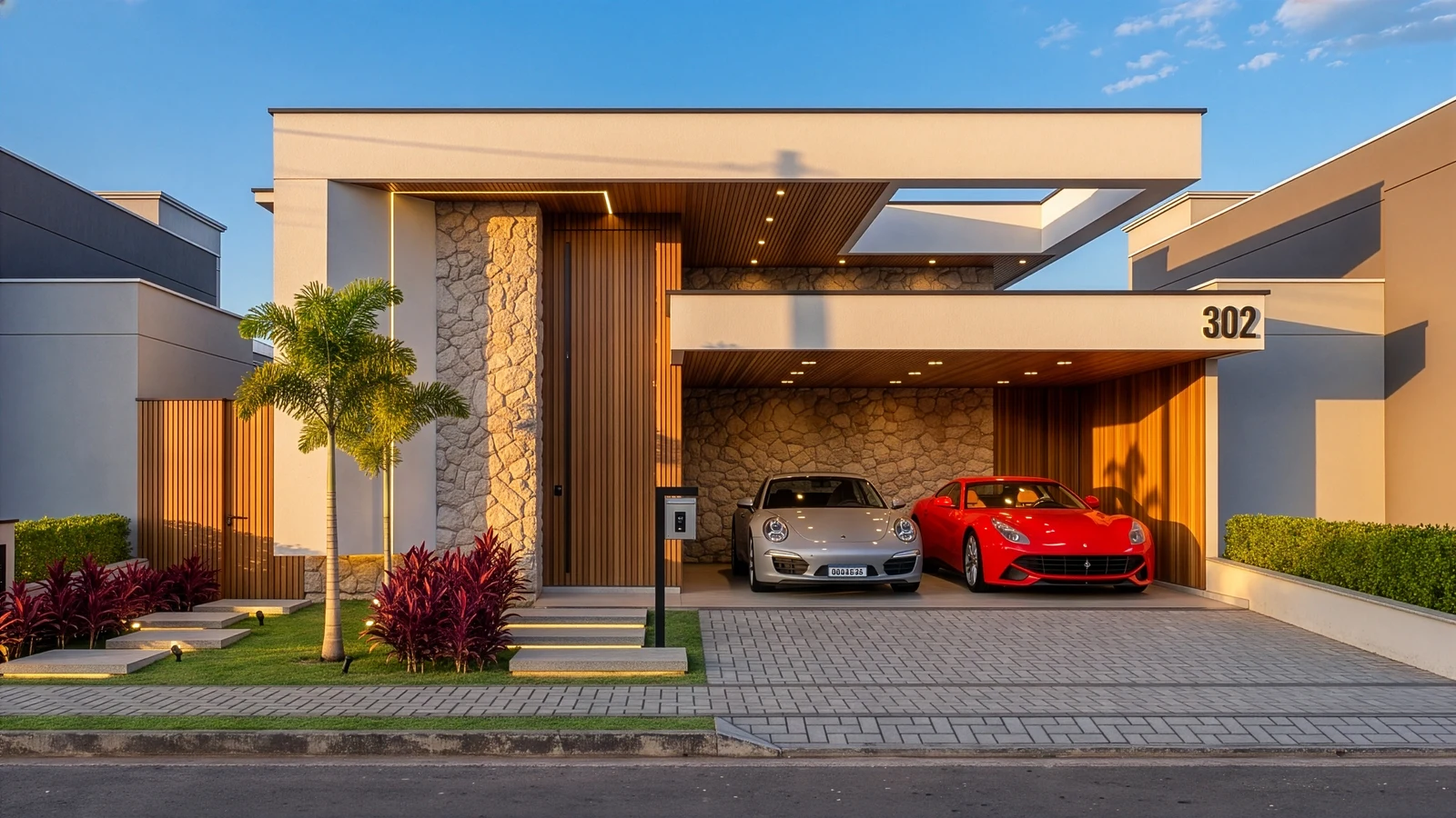 Visualização 3D de fachada residencial contemporânea ao entardecer
