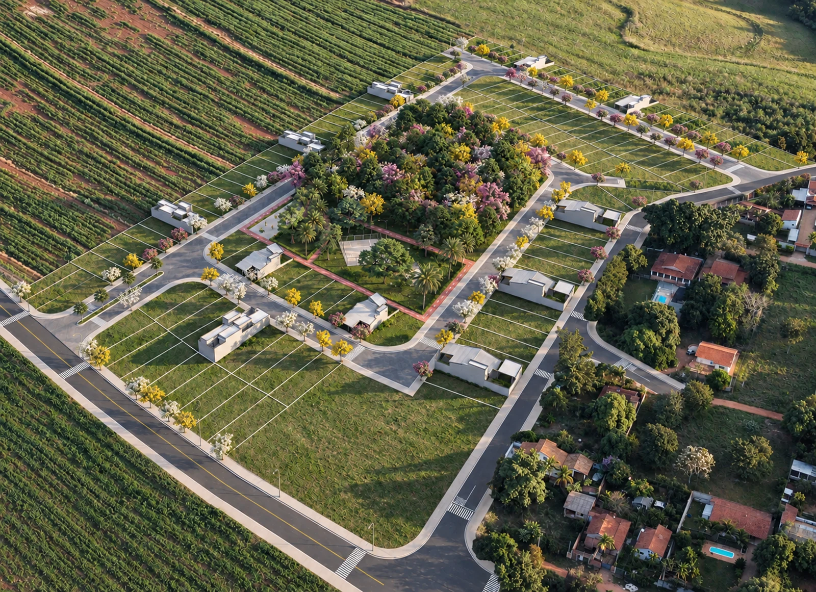 Vista aérea de loteamento e integração com a paisagem