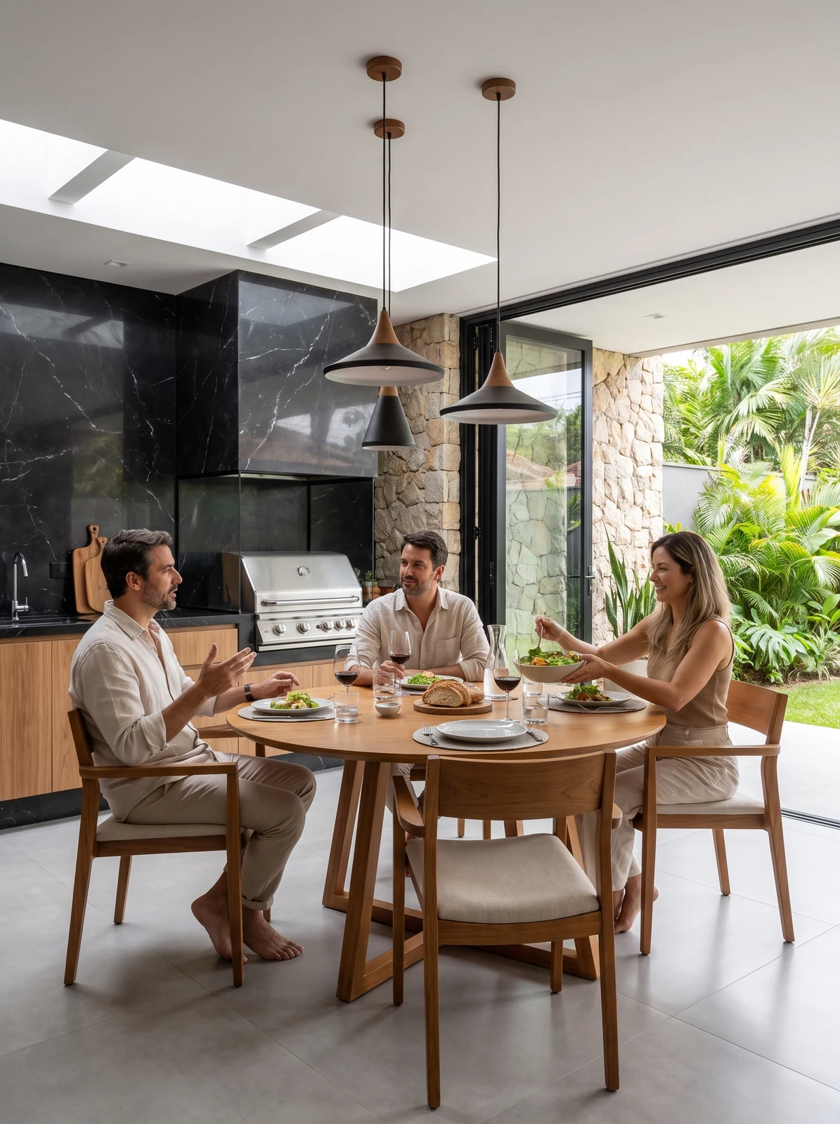 Sala de jantar integrada com presença humana