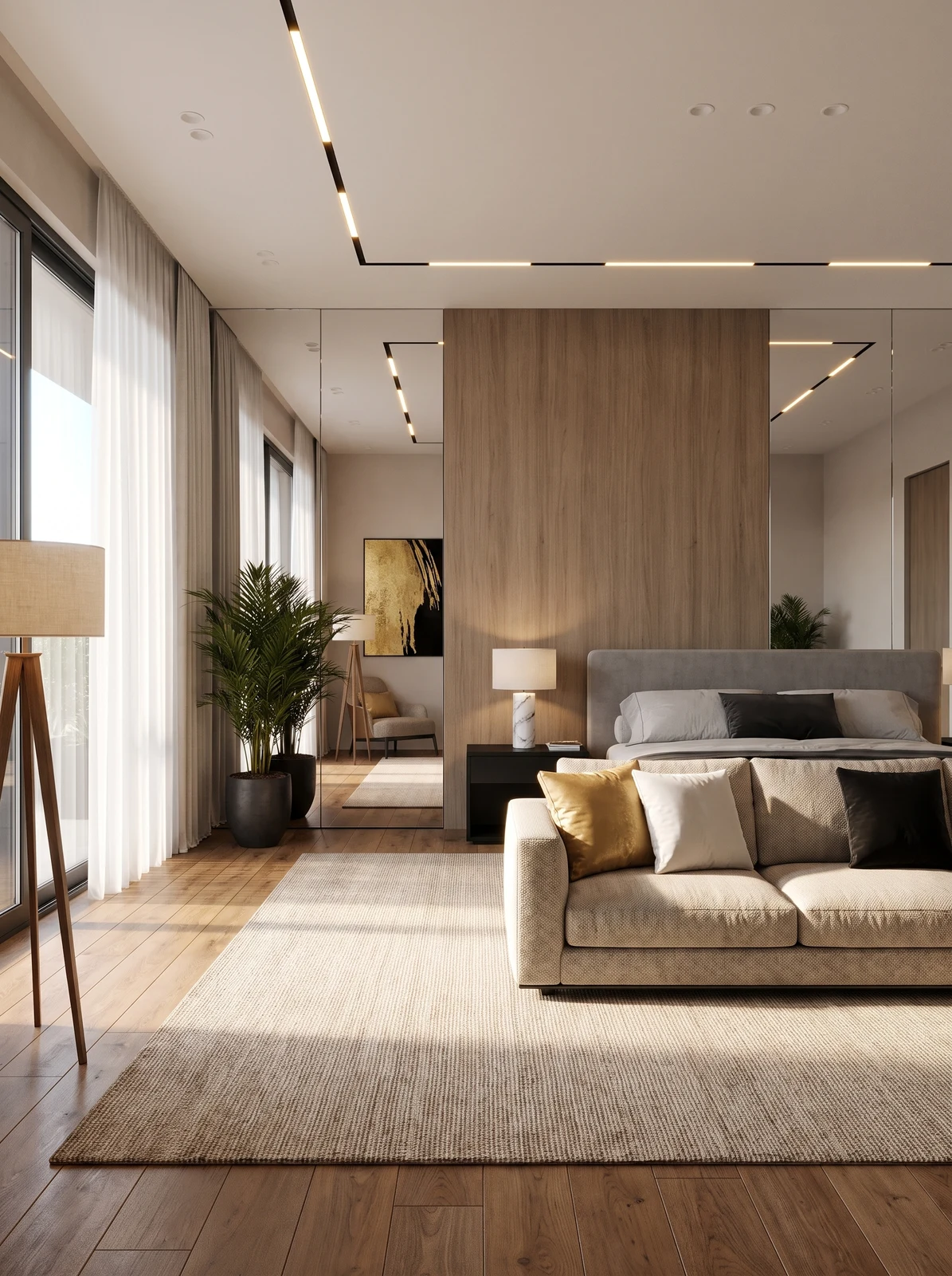 Living contemporâneo com madeira e luz natural