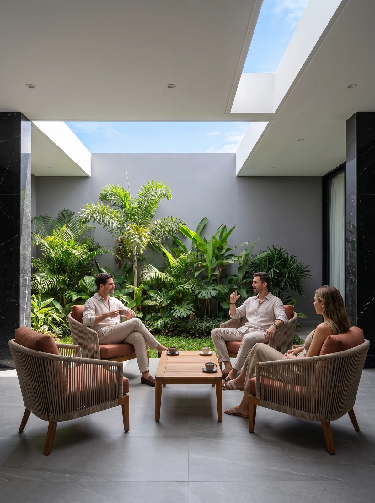 Pátio interno com vegetação e área de convivência