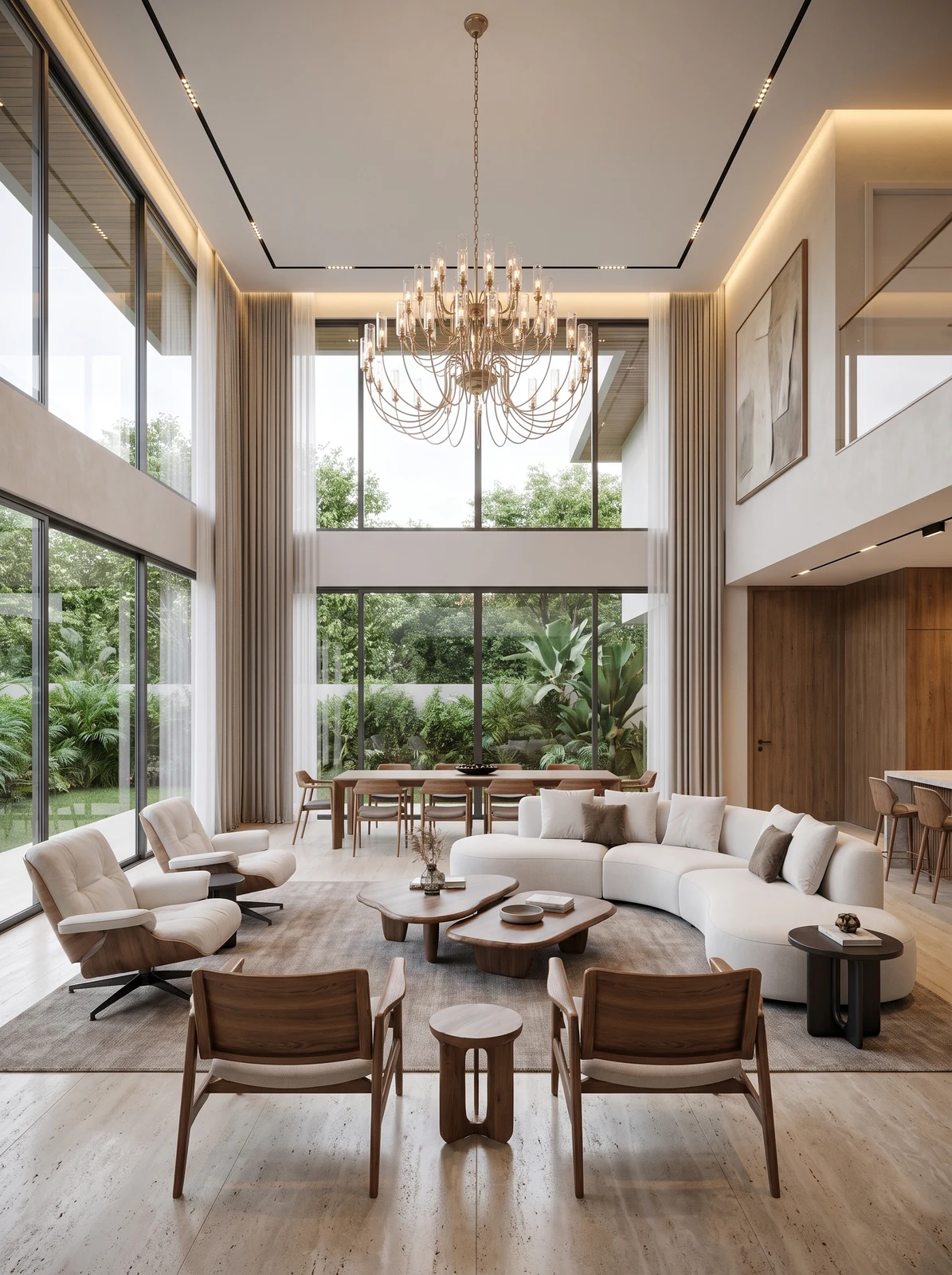 Sala de jantar com pé-direito duplo e grandes aberturas