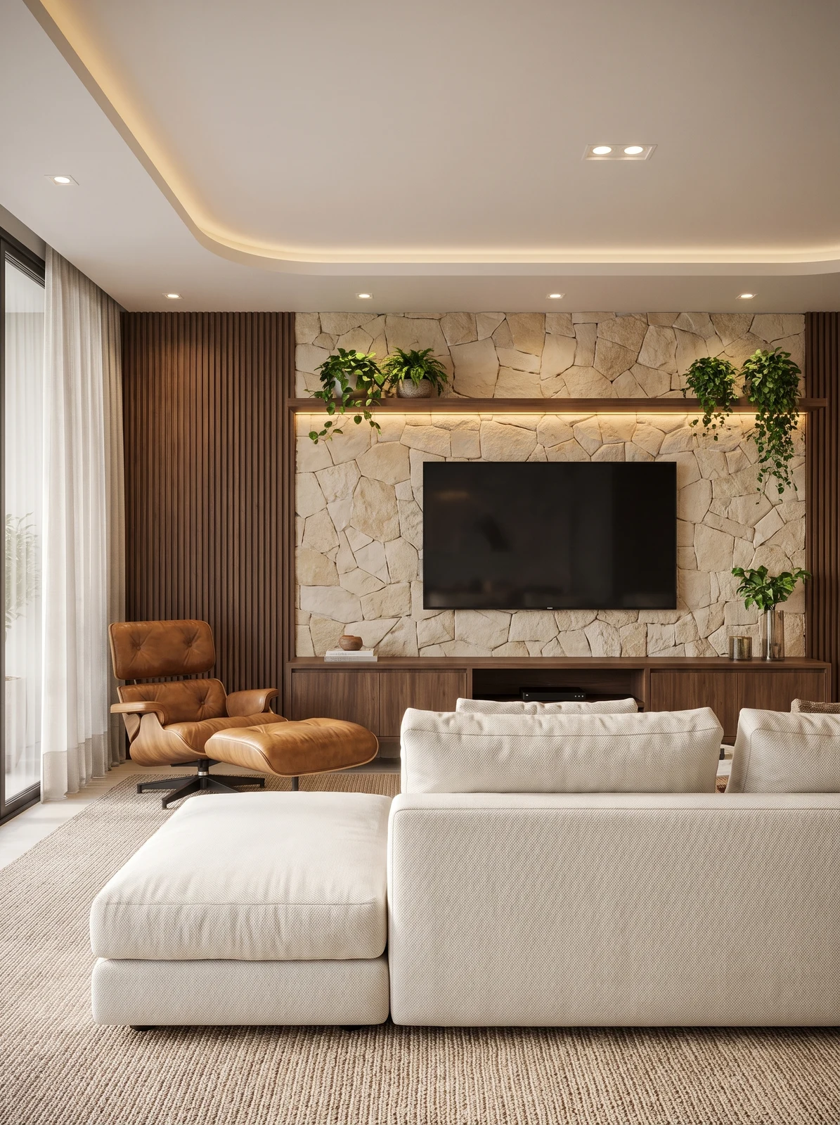 Sala de TV com lareira e materiais naturais