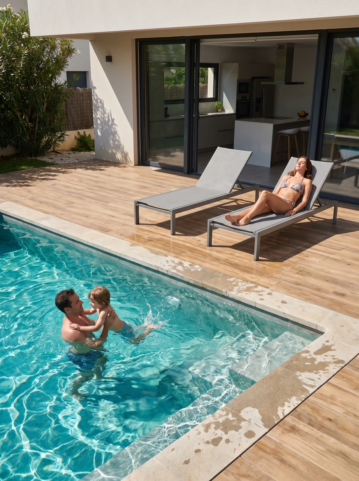 Piscina residencial e área de descanso