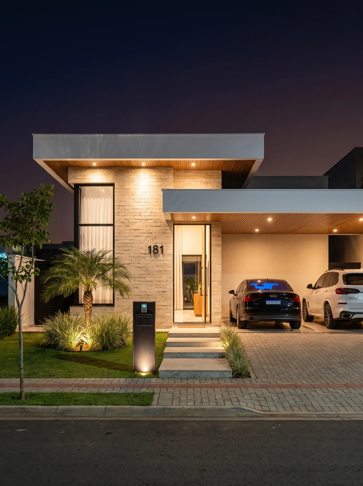 Fachada residencial com iluminação noturna
