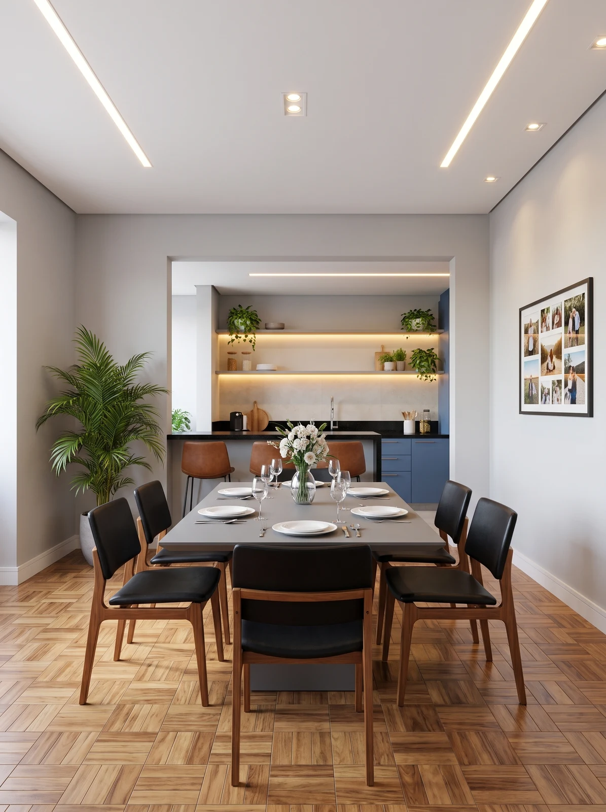 Sala de jantar com iluminação linear